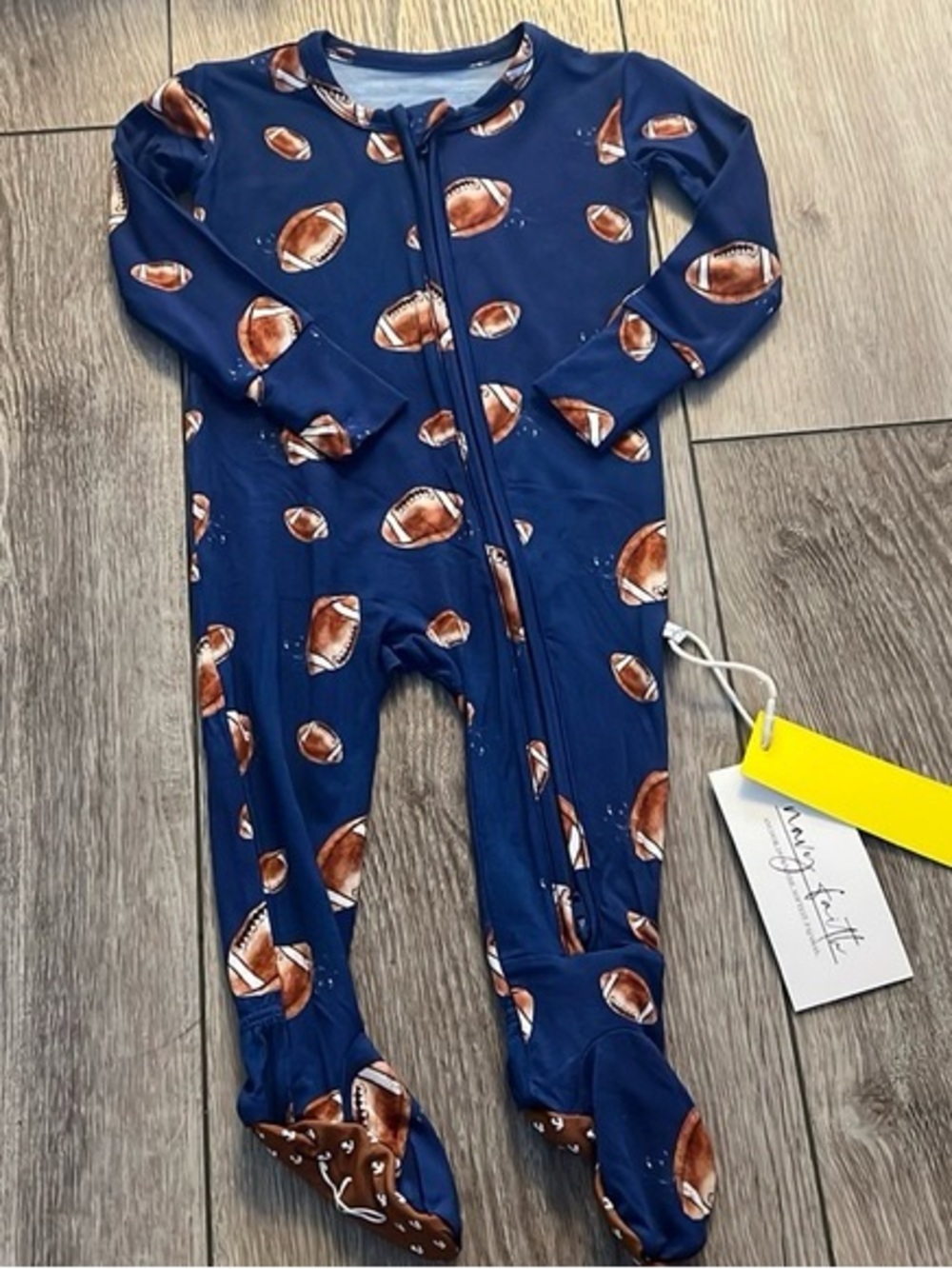 Navy Football-Print Kids One-Piece Footie Pajamas with Front Zipper